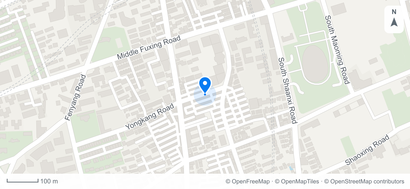 Street map showing surrounding roads, buildings and a blue pin at the recorded location