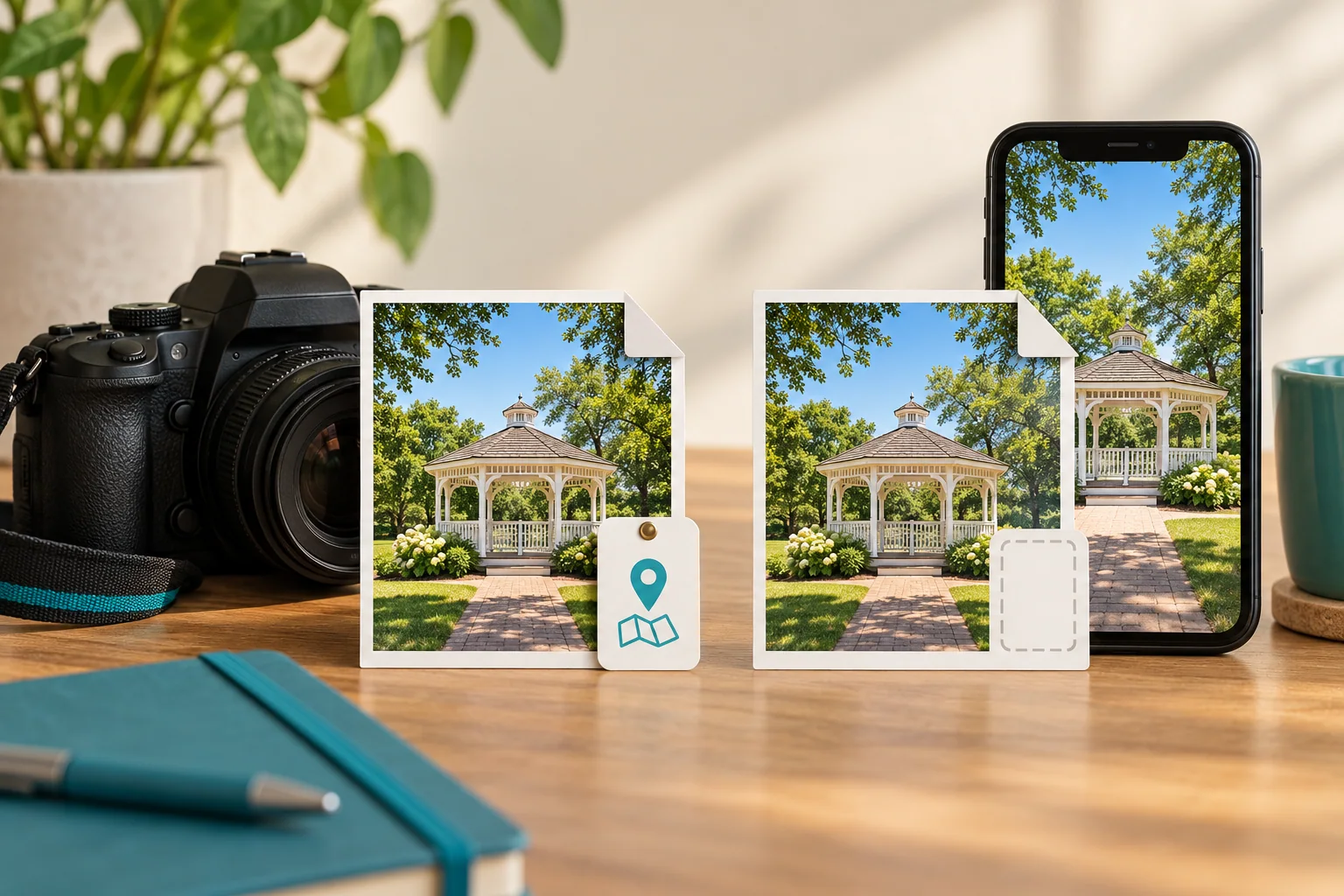 An original camera file and a screenshot of the same scene illustrate why saved GPS information may differ.
