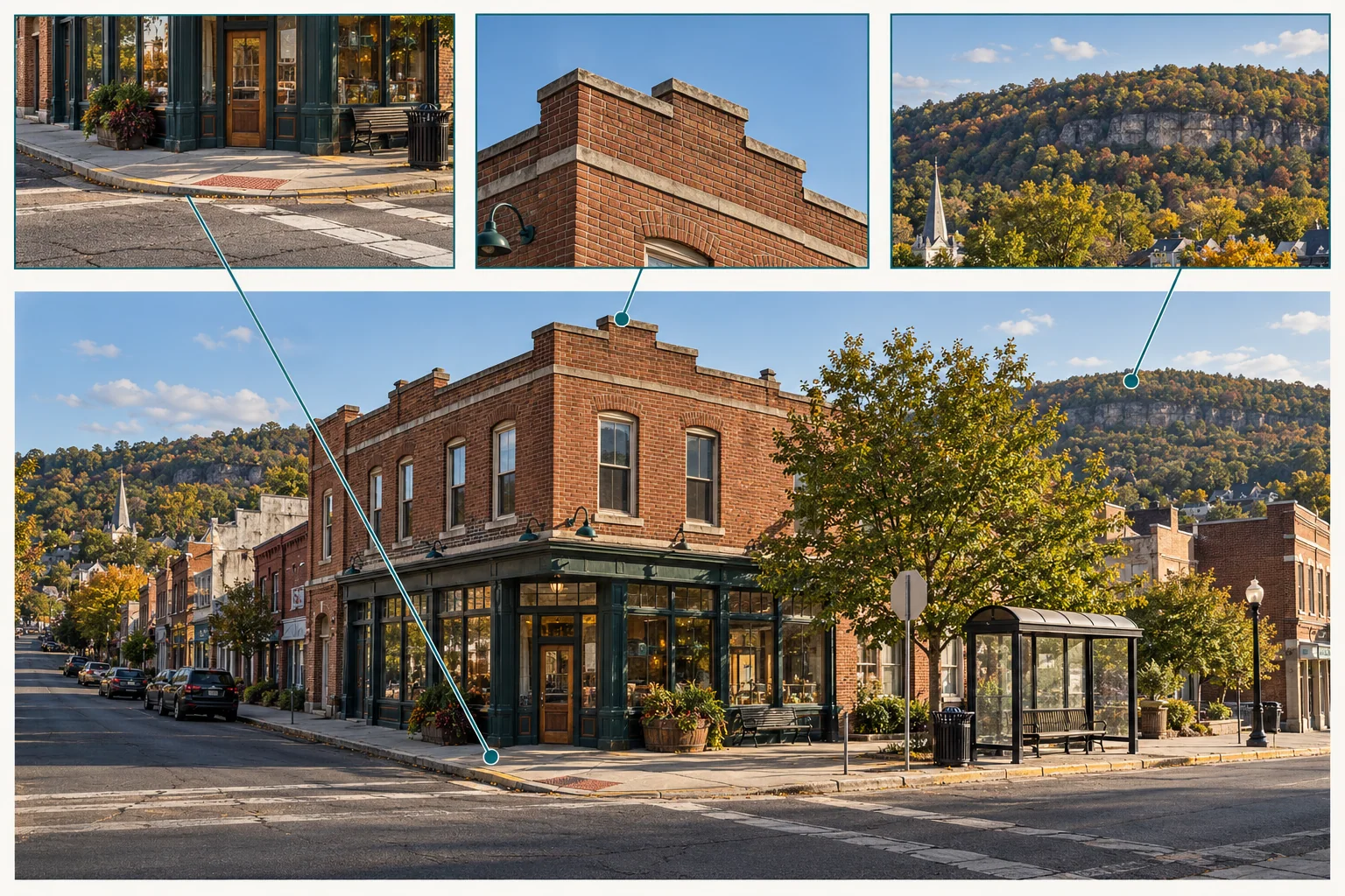 A fictional storefront image highlights a street corner, roofline, and sign shape as clues to investigate together.
