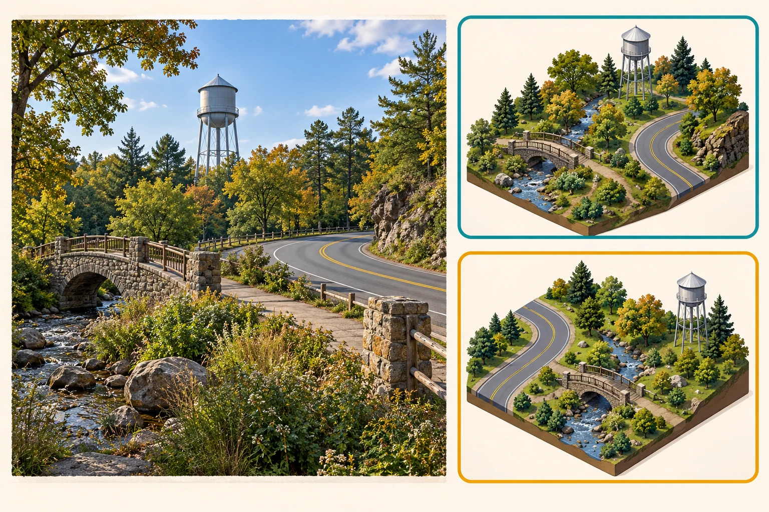 One reference scene is compared with two fictional map candidates; only one matches the road bend and bridge arrangement.