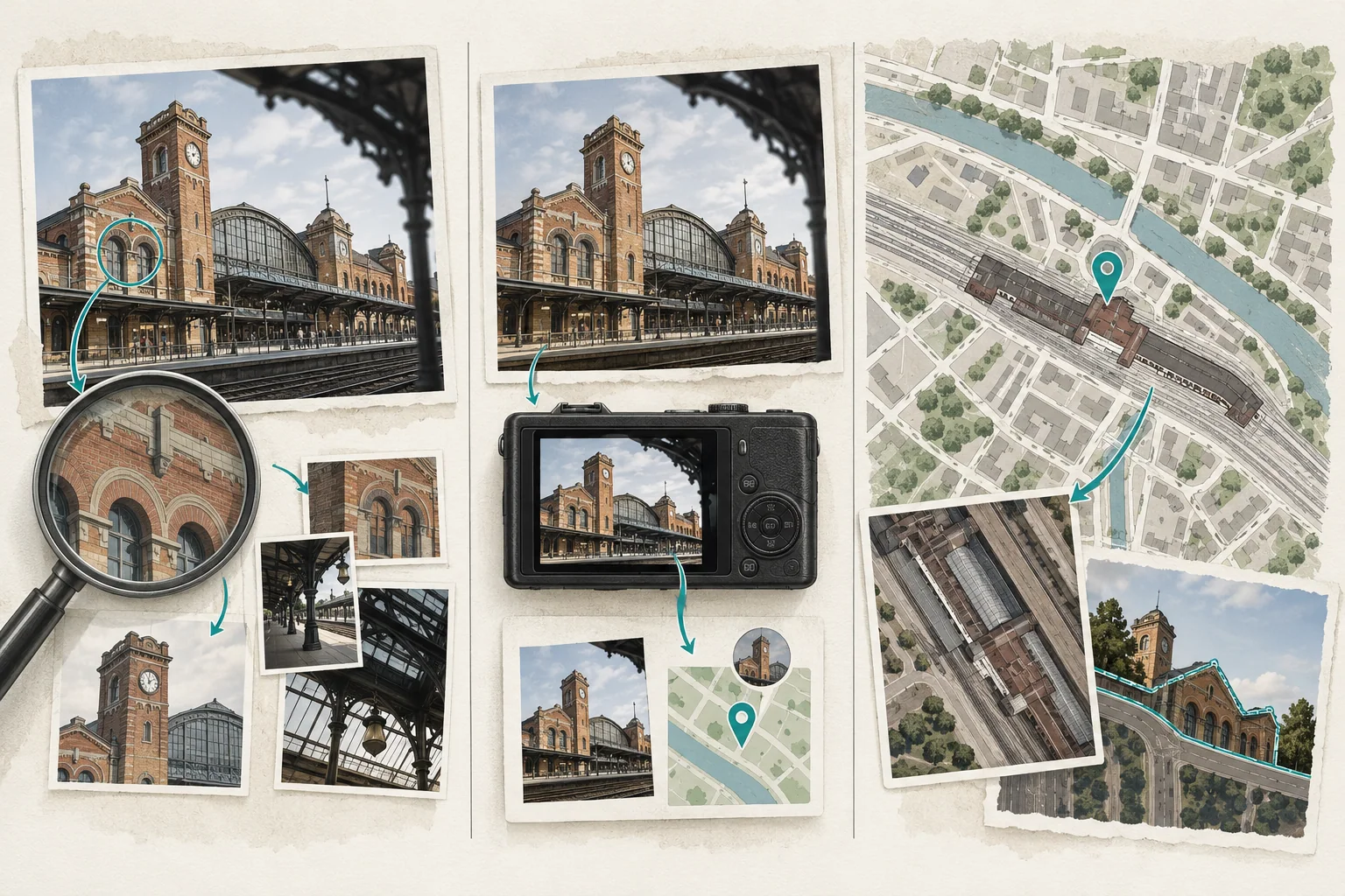 Illustrated comparison of image search, saved location information, and checking a candidate on a map.