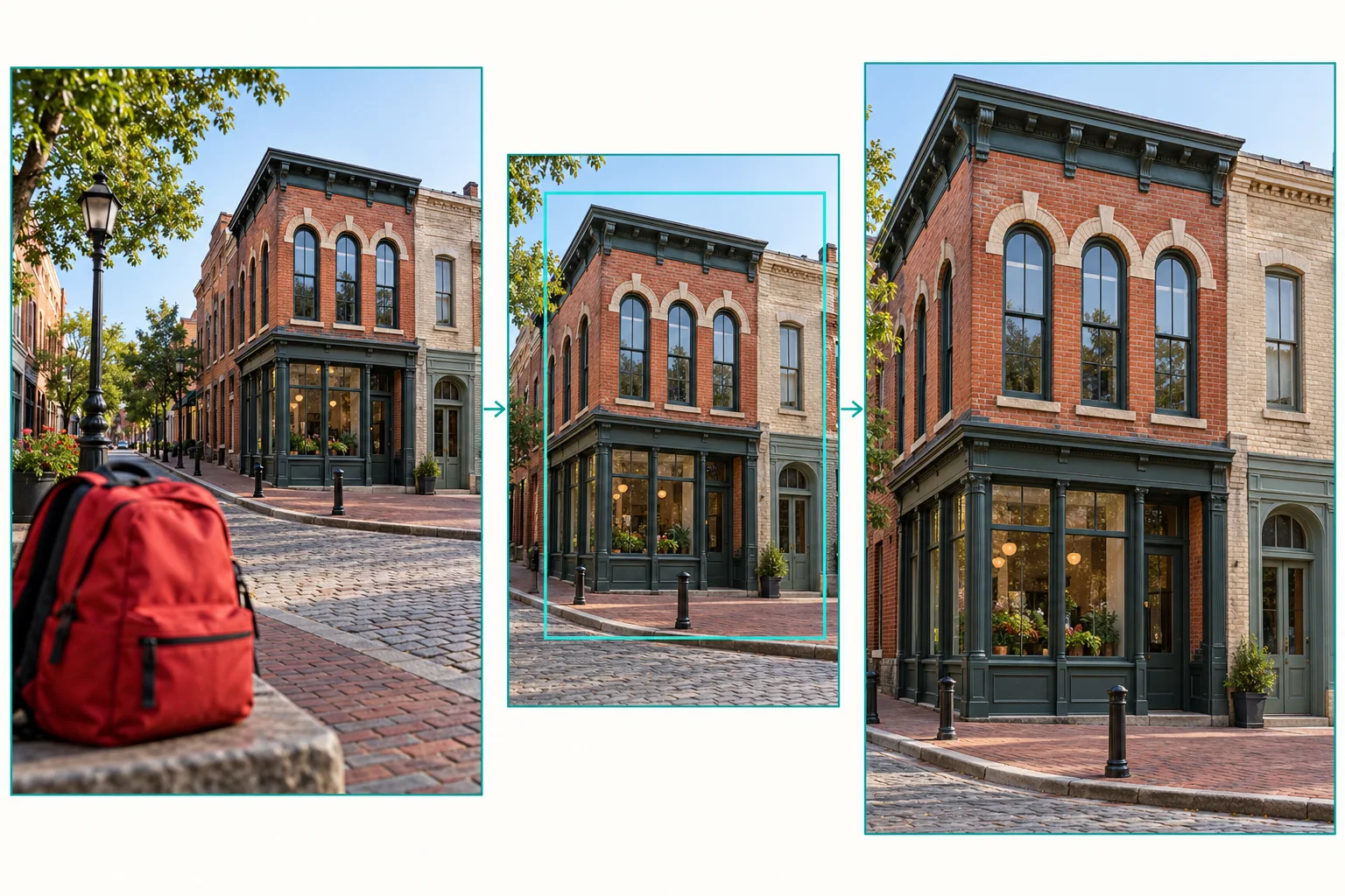 The same fictional street photo shown in full and cropped around a distinctive building, with context preserved.