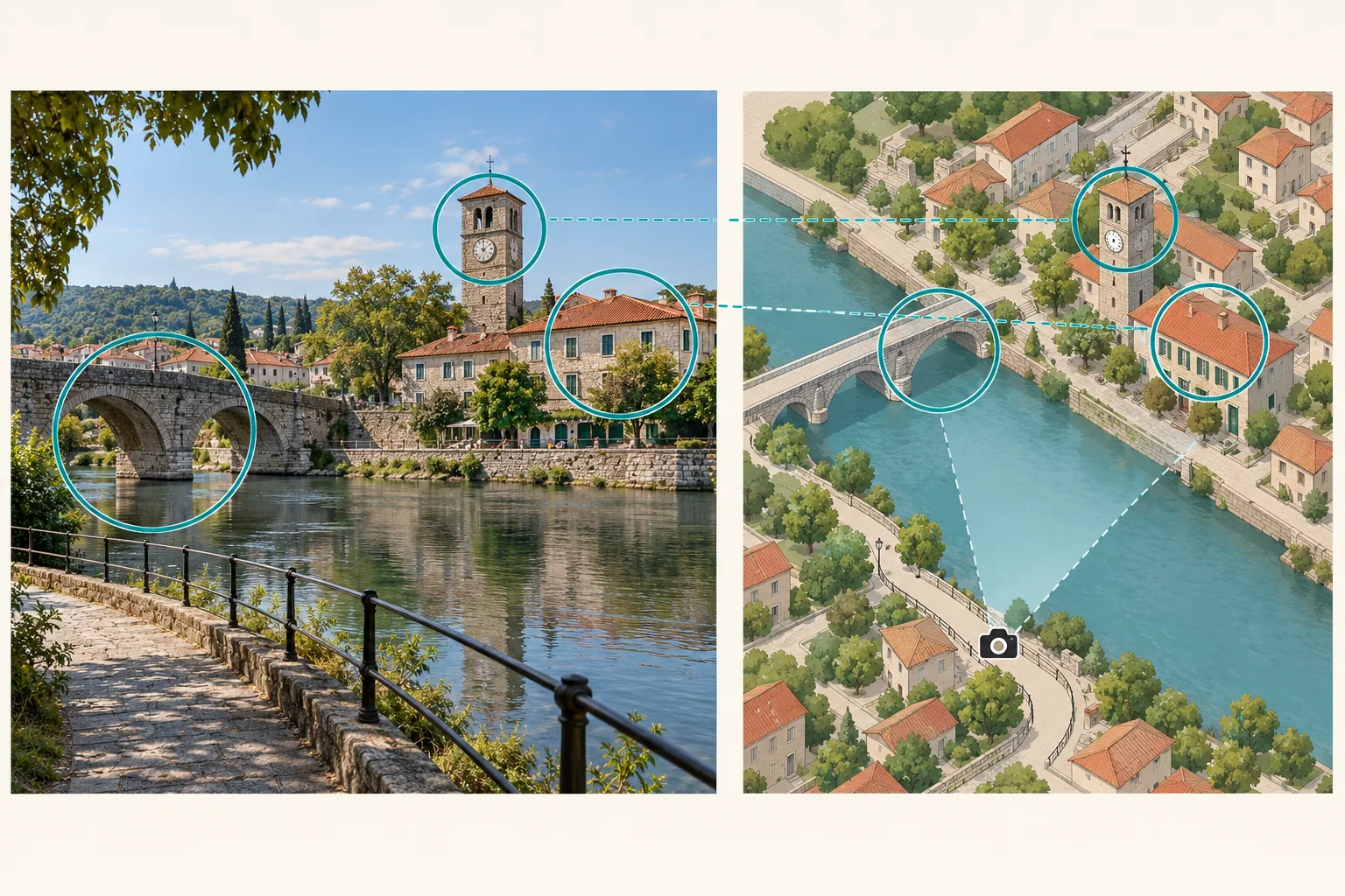 A fictional riverfront photo and an isometric map compare the bridge, tower, and camera viewpoint.