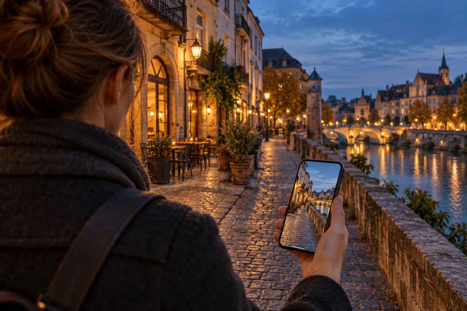 Editorial illustration of a traveler reviewing a photo on a phone.