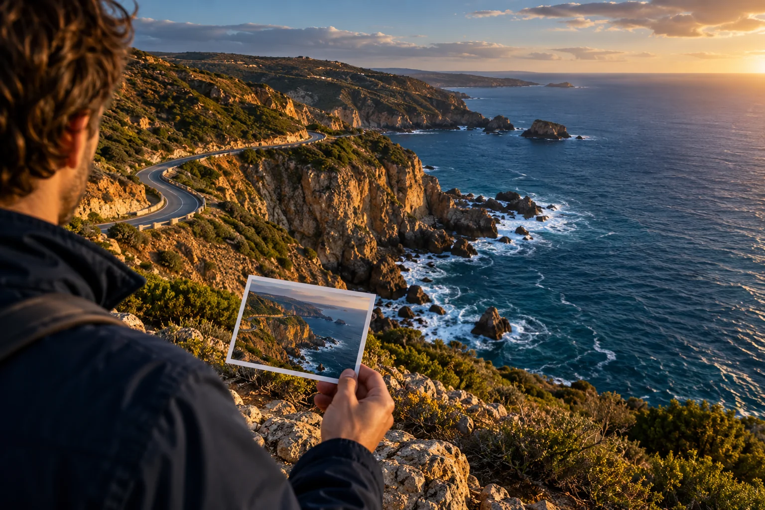 Editorial illustration of a traveler examining a landscape photo for location clues.