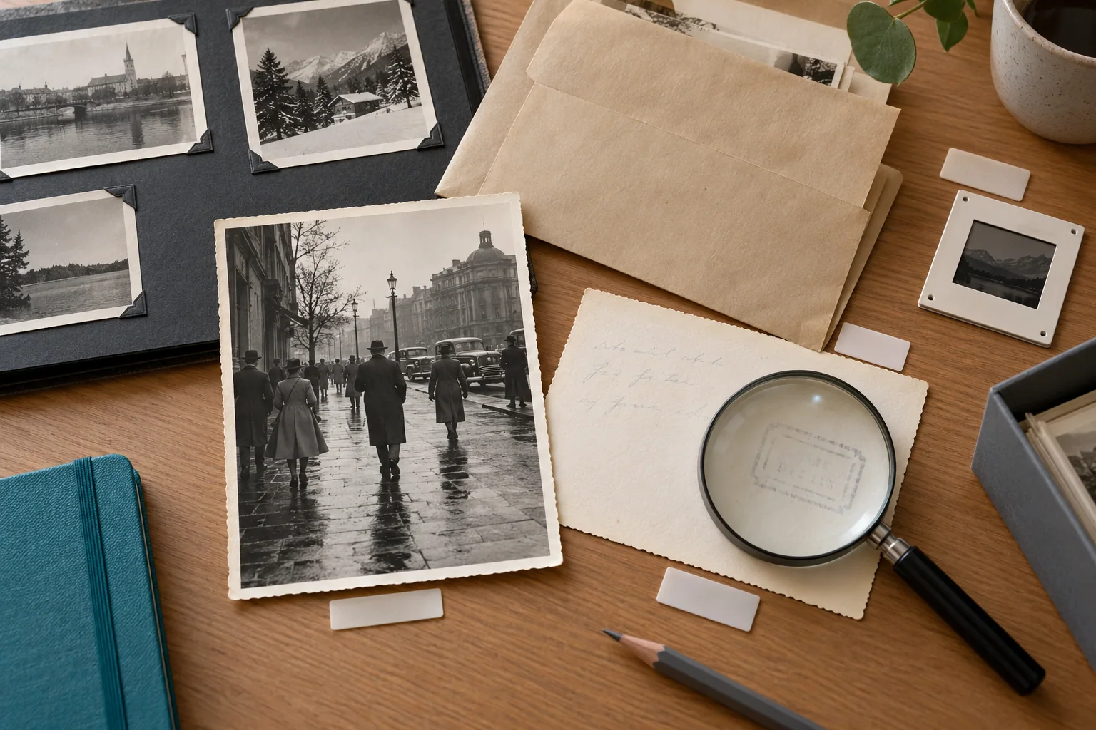 A fictional family print, its reverse, album page, and envelope are kept together for historical research.