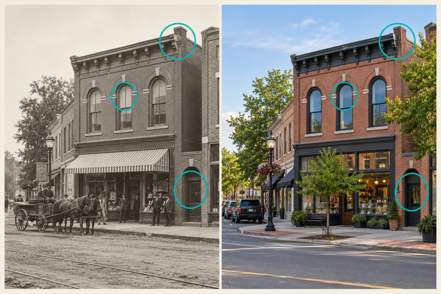 A fictional historic street image and a modern view preserve the same windows, corner, and roofline despite storefront changes.