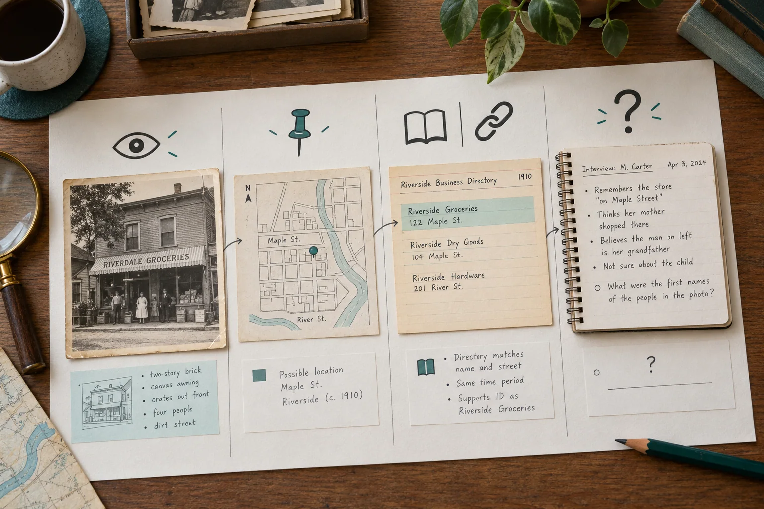 An illustrated research sheet keeps the source photograph, candidate map, supporting records, and unresolved questions separate.