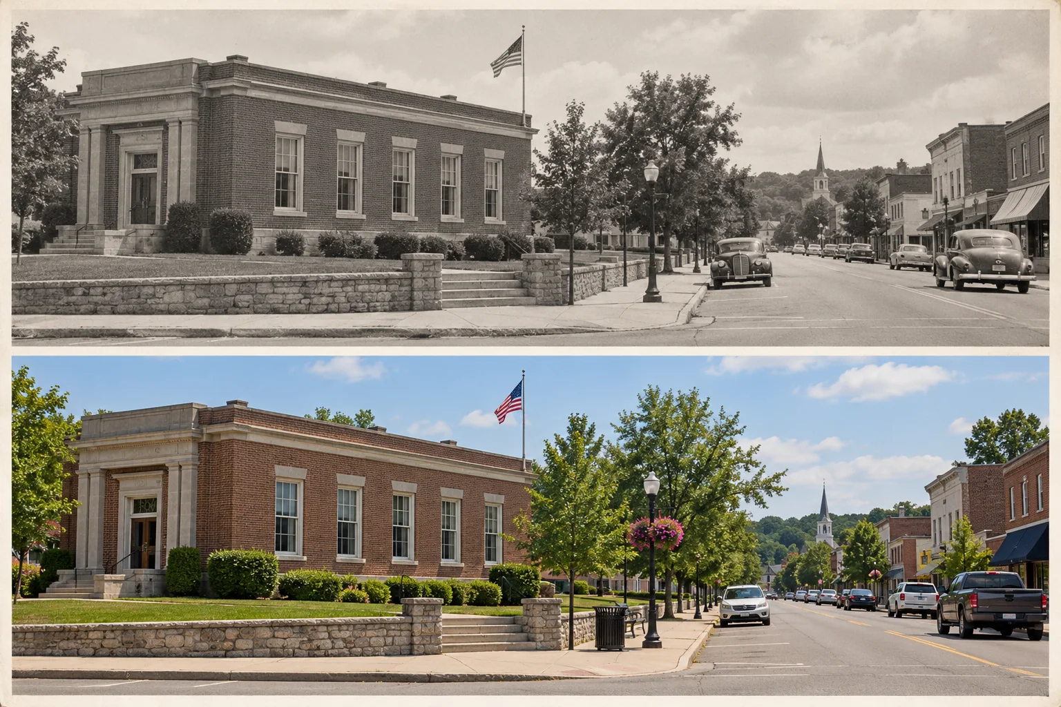 A generated historic and contemporary pair shows the same fictional street from a matching viewpoint.