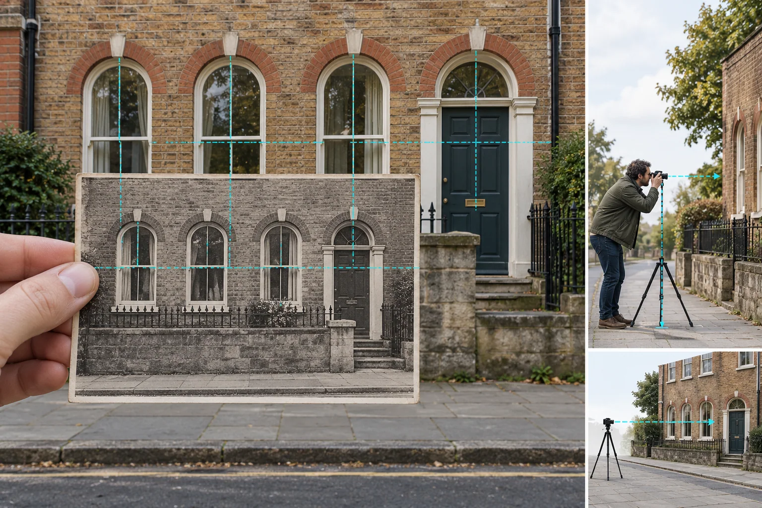 A fictional rephotography setup compares camera height and direction when lining up an old photograph with a current facade.