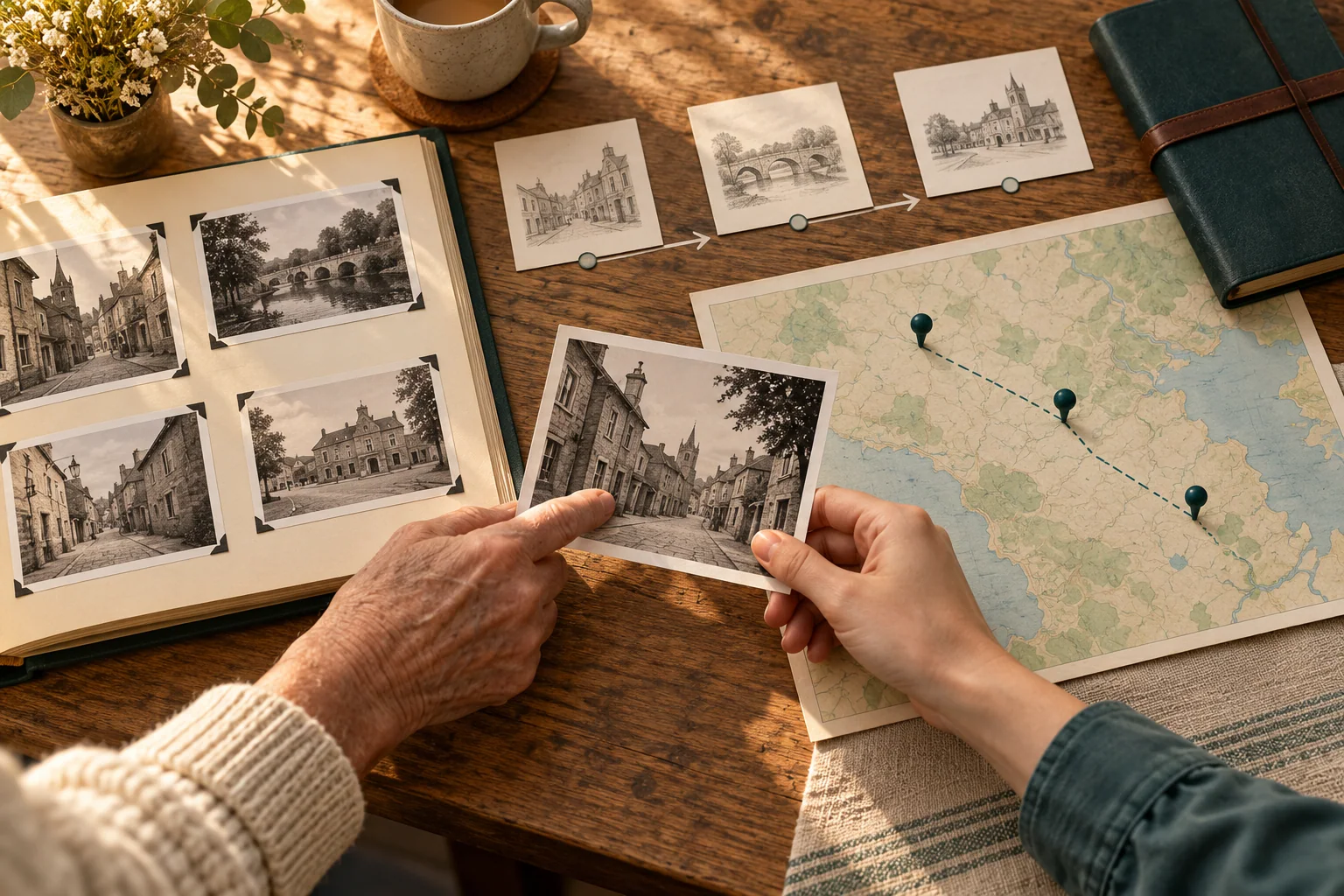 Family photos, a timeline, and a regional map help turn a research question into a small family-history itinerary.