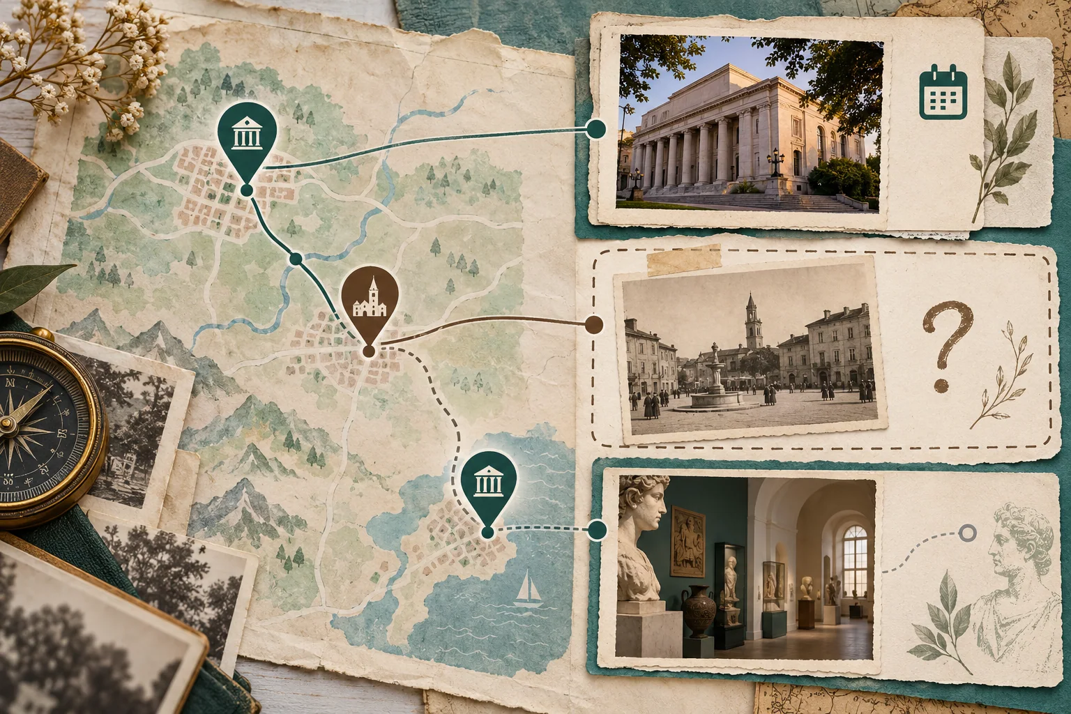 An illustrated trip board separates a confirmed archive stop from an unresolved photo location and an optional visit.