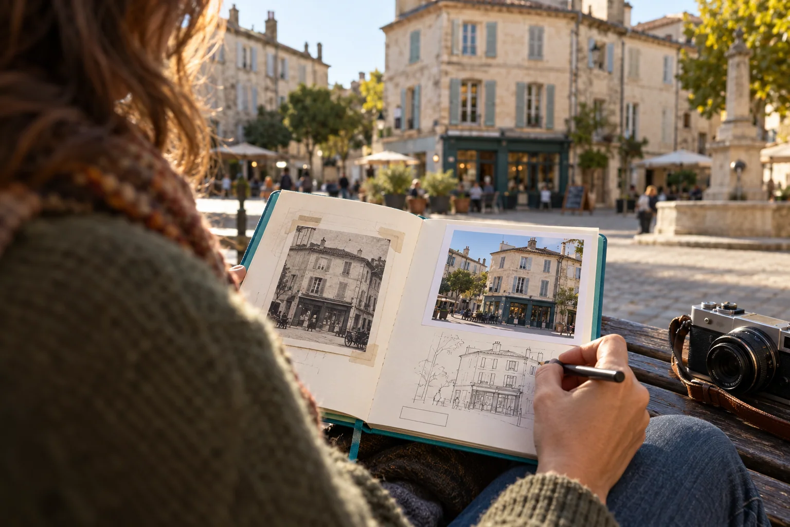 A traveler records a current street view alongside an old family photo and a notebook, preserving what was actually observed.