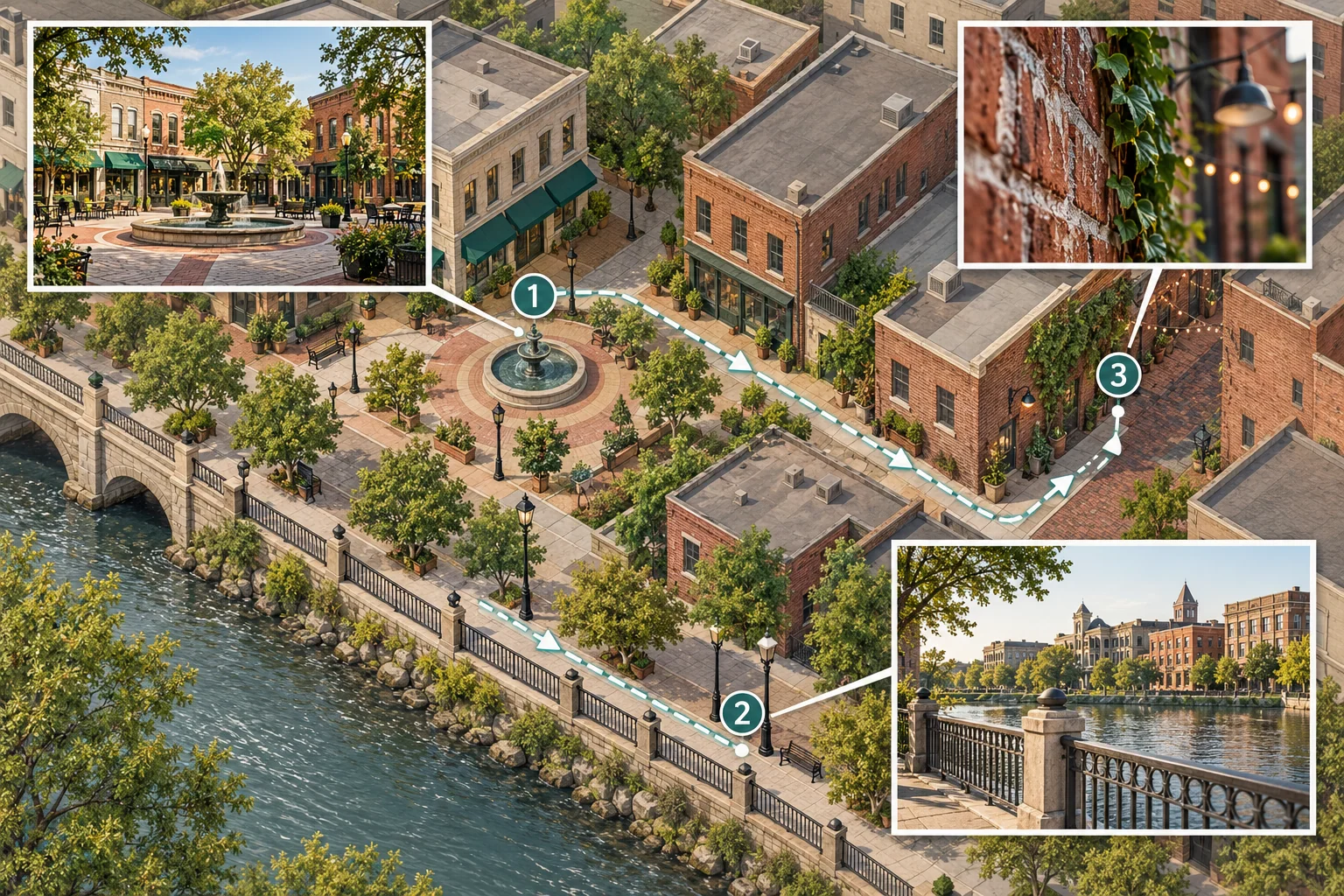 A three-stop walking loop combines a wide scene, a medium subject view, and a detail photograph.