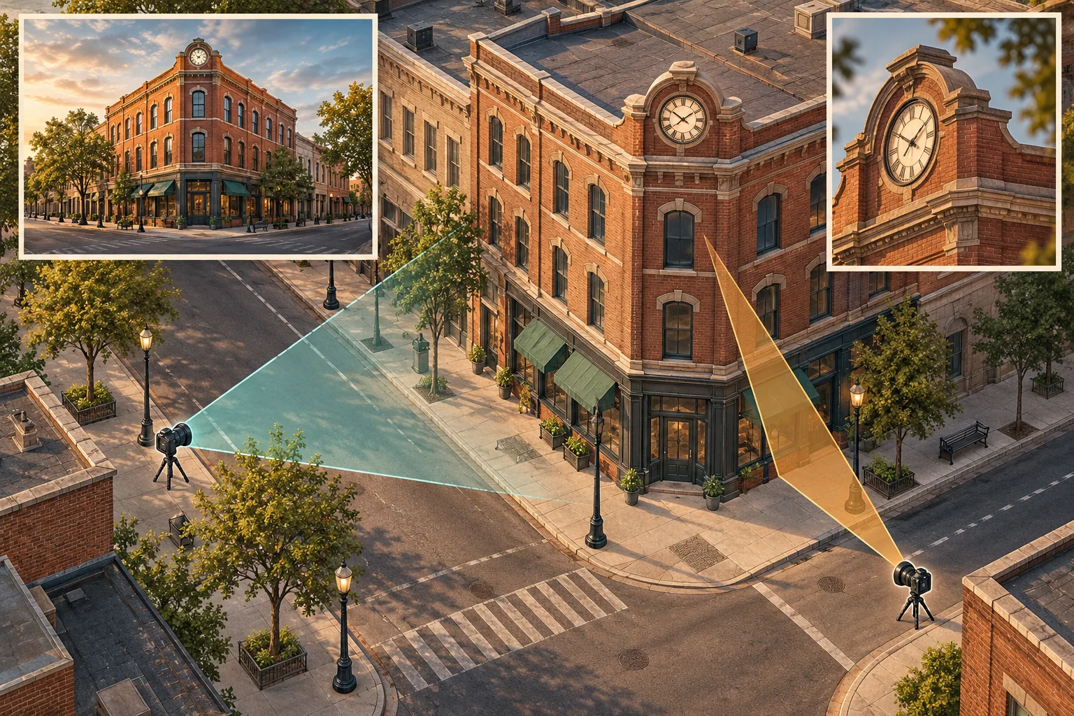 Two camera positions illustrate how moving along the sidewalk changes the framing of the same reference building.