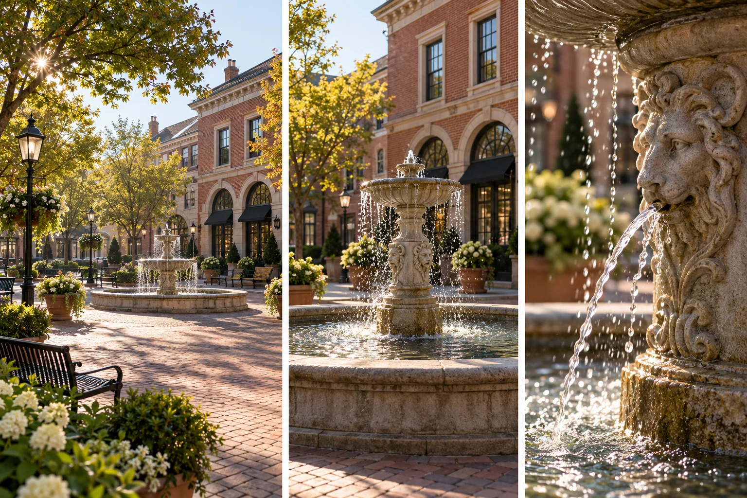 Three fictional photographs of one neighborhood form a sequence: wide setting, medium scene, and close architectural detail.